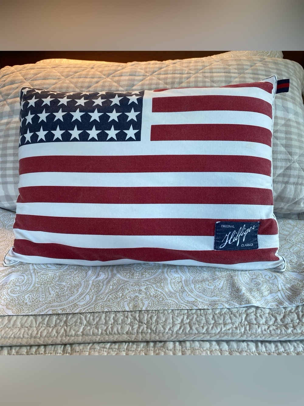 Tommy Hilfiger American Flag Throw Pillow 19”x 14” 100% Cotton Red White Blue